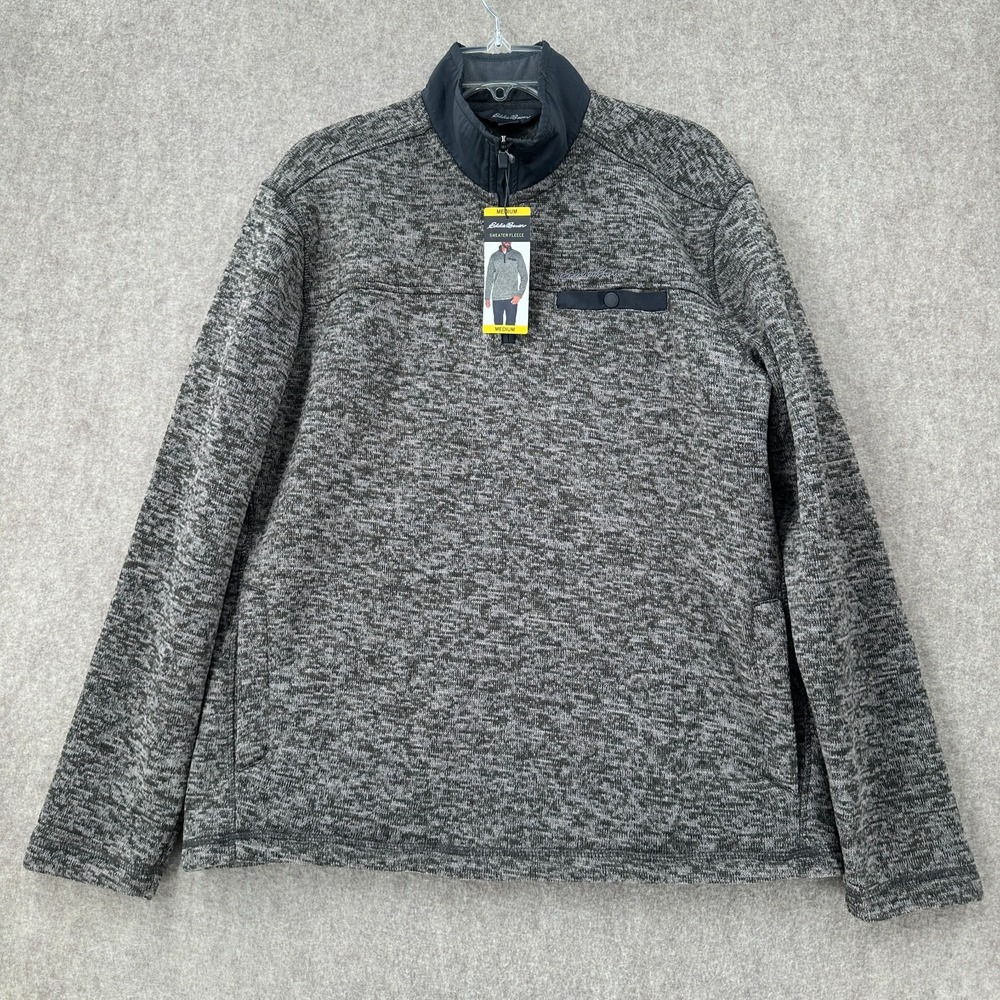 Eddie Bauer Sweater Mens Medium Heather Grey Fleece Long Sleeve 1/4 Zip Pullover